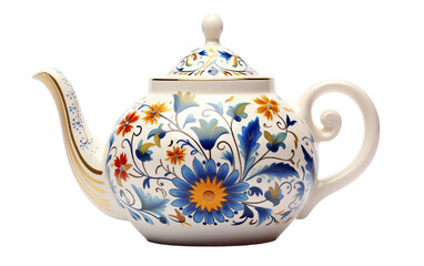 Fabulous Colorful Teapot with a Floral Design Isolated on Transparent Background PNG.
