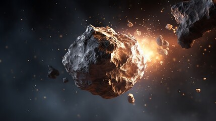 A close-up of a meteor, with a focus on its surface. The style is realistic, with a focus on the details of the meteors surface, such as its craters and mineral composition. The lighting is natural, h - obrazy, fototapety, plakaty