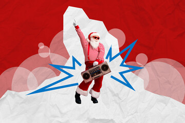 Creative photo artwork collage of funky carefree santa listening boom box x-mas carols isolated red...