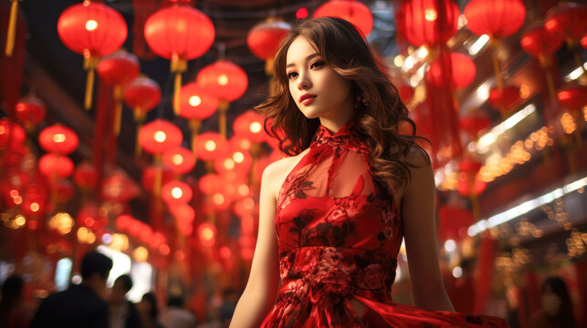 Vogue Chinese girl wearing red new year traditional clothing in the traditional background