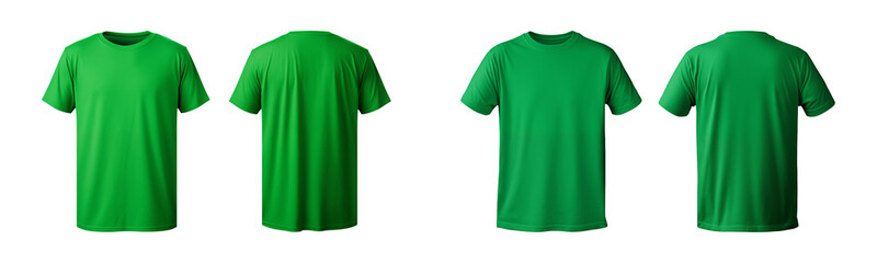 realistic set of male green t-shirts mockup front and back view isolated on a transparent background, cut out - obrazy, fototapety, plakaty