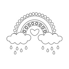 Hand-drawn cute rainbowand clouds for coloring book. Vector illustration isolated element. Black and white outline image