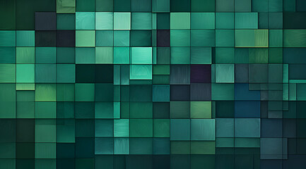 Abstract geometric background of 3D squares in shades of dark green.