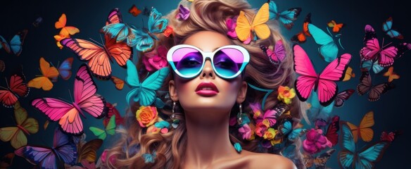 Surreal fashion portrait of a beautiful woman with butterflies and flowers in her hair. Stylish woman with flowers and butterflies around her head, beauty and make-up concept