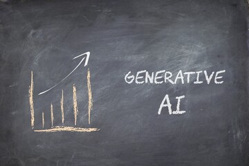Increasing graph with text Generative AI artificial Intelligence on blackboard background....