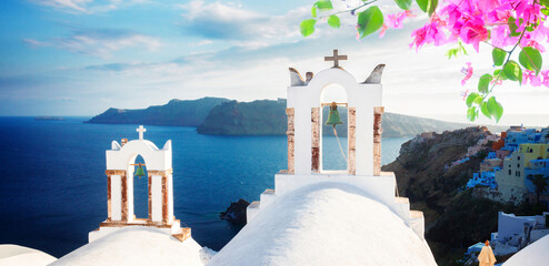 white church belfries and volcano caldera with sea landscape, beautiful details of Santorini...
