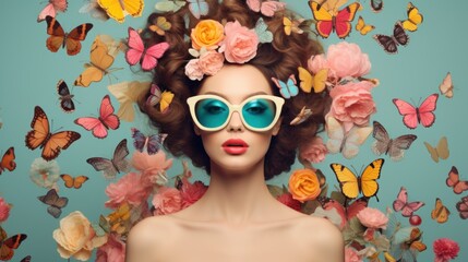 Surreal fashion portrait of a beautiful woman with butterflies and flowers in her hair. Stylish woman with flowers and butterflies around her head, beauty and make-up concept - obrazy, fototapety, plakaty
