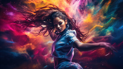 Young woman dancing hip-hop in bright cloud colorful dust background. Colorful portrait of a young woman dancing. Female dancers performing street dance on colourful background - obrazy, fototapety, plakaty