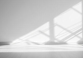 Beautiful original background image of an empty space in white tones with a play of light and shadow on the wall and floor for design or creative work.