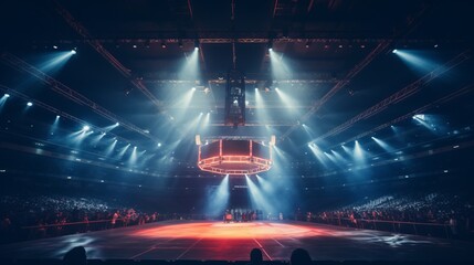 Boxing arena with blurred spectator and stadium light - obrazy, fototapety, plakaty