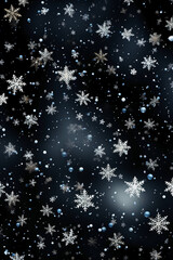 Obraz premium black background with white 3 dimentional tiny white snowflakes all over. AI generative