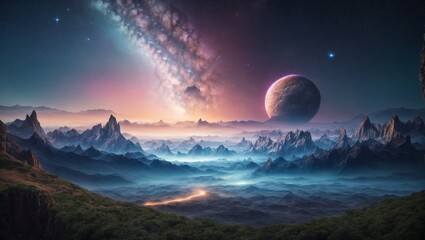 Naklejka na ściany i meble Celestial Horizons: Where Cosmic Wonders Meet Earthly Beauty