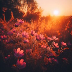 Fototapeta na wymiar flowers in the sunset background