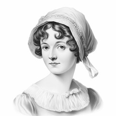 Black and white vintage engraving, headshot portrait of Jane Austen the famous English novelist, white background, greyscale - Generative AI