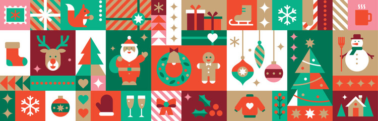 Merry Christmas and Happy New Year poster. Bauhaus design. Winter holidays. Abstract modern geometric background. Seamless pattern. Set of icons in flat minimalist style. Vector illustration.