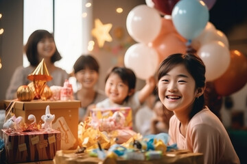A beautiful young girl and her Asian friend have fun celebrating their birthday with a birthday cake and candles while smiling for the camera. Celebrate children's birthdays with family