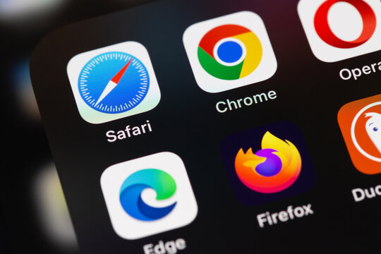 Safari, Google Chrome, Opera, Microsoft Edge, Firefox apps popular browsers on the screen iPhone. Batumi, Georgia - April 21, 2023