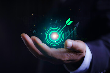 Success, goals set, concept. dart arrow abstract of success on hand business man. development to success and growing graph to make a benefit, profit, trend, market, grow up, turnover, financial.