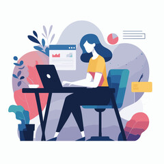 Vector of a girl working on laptop, office -Ai generator	