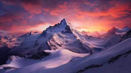 Spellbinding sunset cascading warm hues upon the snow-capped peaks of the Swiss Alps Ai Generative 