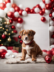 Studio shot of cute puppy. Merry Christmas and Happy New Year decoration - balls, balloons, toys and gifts around. X-mas postcard