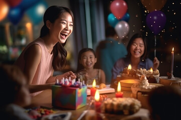 Obraz na płótnie Canvas A beautiful young girl and her Asian family have fun celebrating their birthday with a birthday cake and candles while smiling for the camera. Celebrate children's birthdays with family