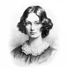 Black and white vintage engraving, headshot portrait of Emily Bronte the English novelist and poet, white background, greyscale - Generative AI - obrazy, fototapety, plakaty