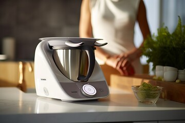 using a pressure cooker Thermomix to make soup and cook dishes in the kitchen, marble countertop...