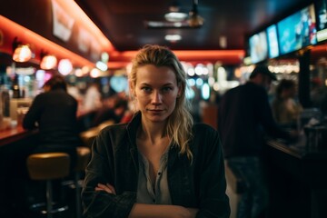 Portrait of a young woman in a pub. Blurred background.