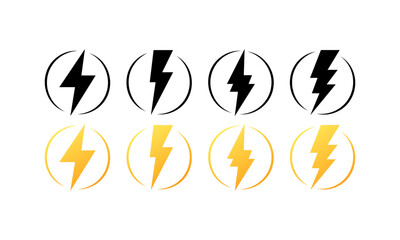 Lightning icons. Different styles, yellow, lightning in a circle, different shapes of lightning icons. Vector icons