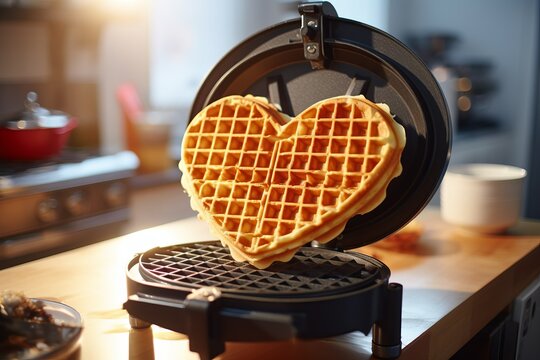 Heart shaped Waffles in an electric waffle iron on a white background. Homemade baking. Waffles
