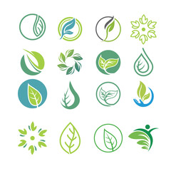 Leaf icon vector set isolated on white background. Various shapes of green leaves of trees and plants. Elements for eco and bio logo.