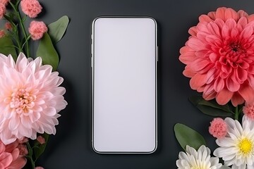 smartphone mockup white screen. mobile phone and flowers Background. device UI UX mockup. phone different angles views.