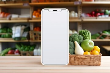 smartphone mockup white screen. mobile phone on grocery shop supermarket Background. device UI UX...