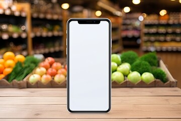 smartphone mockup white screen. mobile phone on grocery shop supermarket Background. device UI UX...