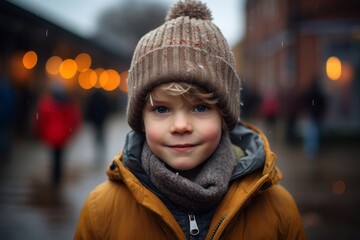 Portrait of a cute little boy in a warm jacket and hat on a city street.
