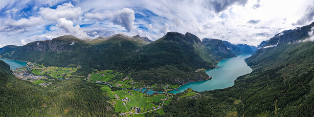 Aerial view above the mountains, fjords and lakes of Norway during summer 