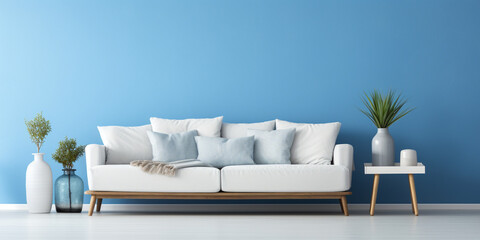 White modern upholstered cushioned sofa with blue wall art