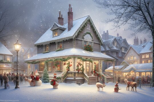 Illustration of Christmas village. A beautiful and magical winter city, straight out of a fairytale, with snow-covered rooftops. Happy new year. Winter landscape.