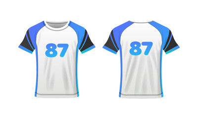 T-shirt layout. Flat, color, t-shirt mockup, sports t-shirt mockup with number 87. Vector icons
