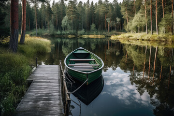 A boat by a lake in a forest, AI generated