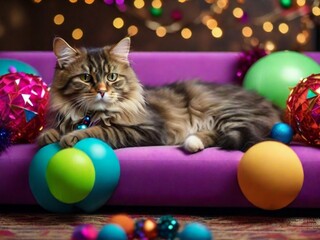 cat setting on sofa with colorful ball decorations
