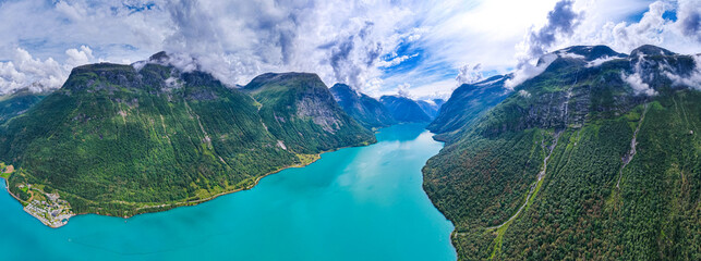 Aerial view above the mountains, fjords and lakes of Norway during summer  - obrazy, fototapety, plakaty