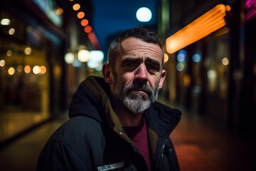 Portrait of a senior man with long gray beard and mustache in the city at night