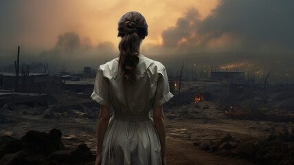 The back of a nurse standing in the middle of a war - obrazy, fototapety, plakaty