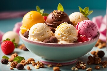 Mixed ice cream scoops in bowl with fresh fruits, berries and chocolate candies.