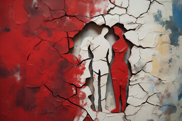 Broken, worn out and fragmented family. Concept of love ending and crumbling in a story of breaking family ties. Broken relationship fissure with peeling wall. - obrazy, fototapety, plakaty