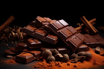 Cocoa Extravaganza: Rich Chocolate Background adorned with Bars, Chips, and Cocoa Powder, a Sweet Symphony of Indulgence