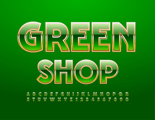 Vector eco template Green Shop. Glossy Green and Glossy Font. Premium Alphabet Letters with Shadow