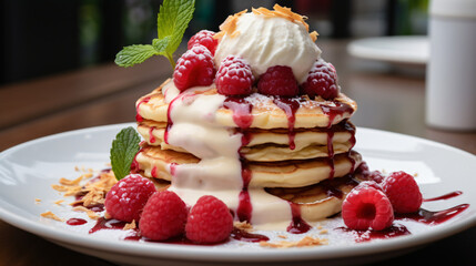 Pancakes with coconut ice cream and raspberries.